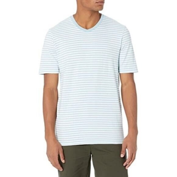 Men's Large V Neck T Shirt Tee Striped Short Sleeve Aqua Blue/White - Picture 5 of 6